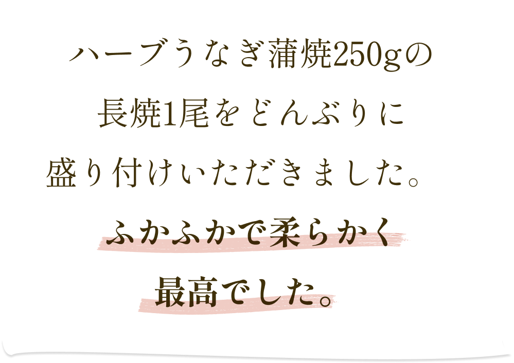 ハーブうなぎ蒲焼250gの長焼1尾をどんぶりに盛り付けいただきました。ふかふかで柔らかく最高でした。